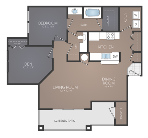 Floor plan for 1 bed, 1 bath, 925 sqft